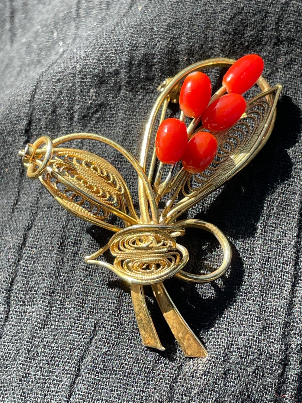 Gold Floral Brooch with Red corals Accent Beads